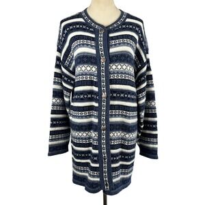 Vintage 90s Spunky Striped Cardigan Blue Women Large Made in USA Grandpa Sweater